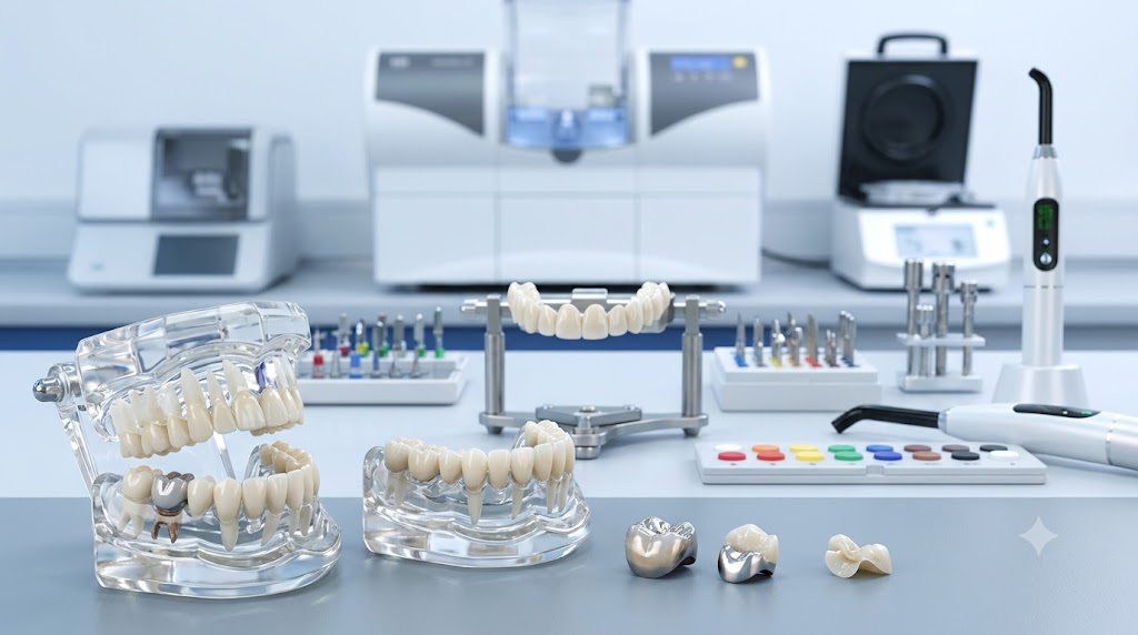 Close-up of high-quality dental crowns and tooth-colored composite fillings arranged on a clean, clinical dental laboratory surface.